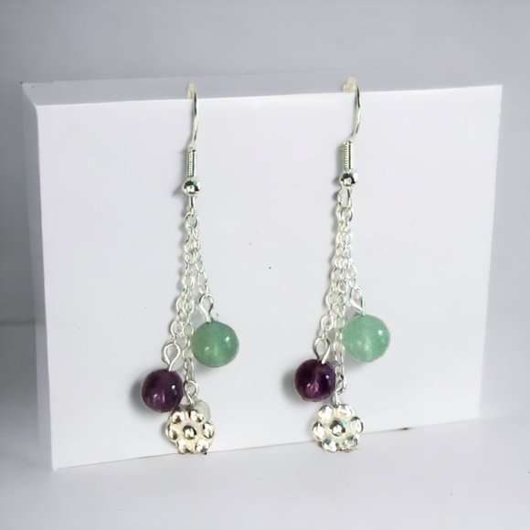 Sterling Silver Triple Strand Gemstone Flower Earrings - Picture 1 of 1
